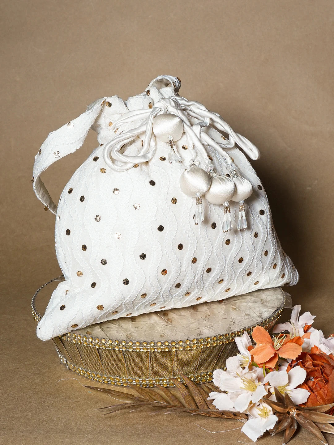 Ada Hand Embroidered White Pure Georgette Lucknowi Chikankari Potli Bag With Muqaish Work 01A584824