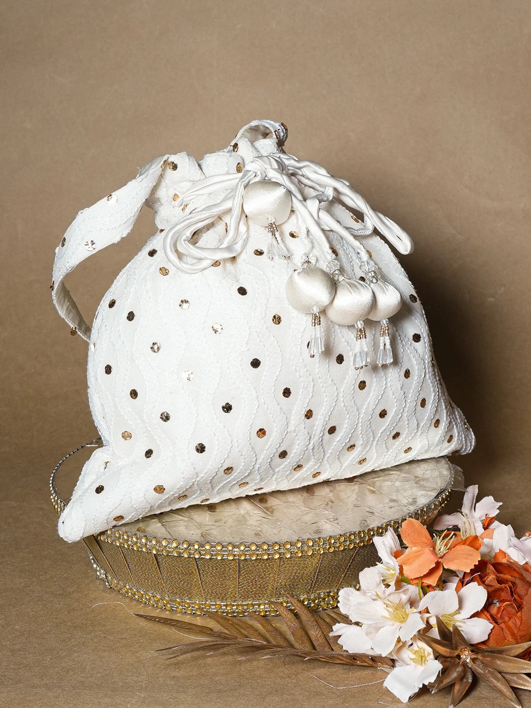 Ada Hand Embroidered White Pure Georgette Lucknowi Chikankari Potli Bag With Muqaish Work 01A584824