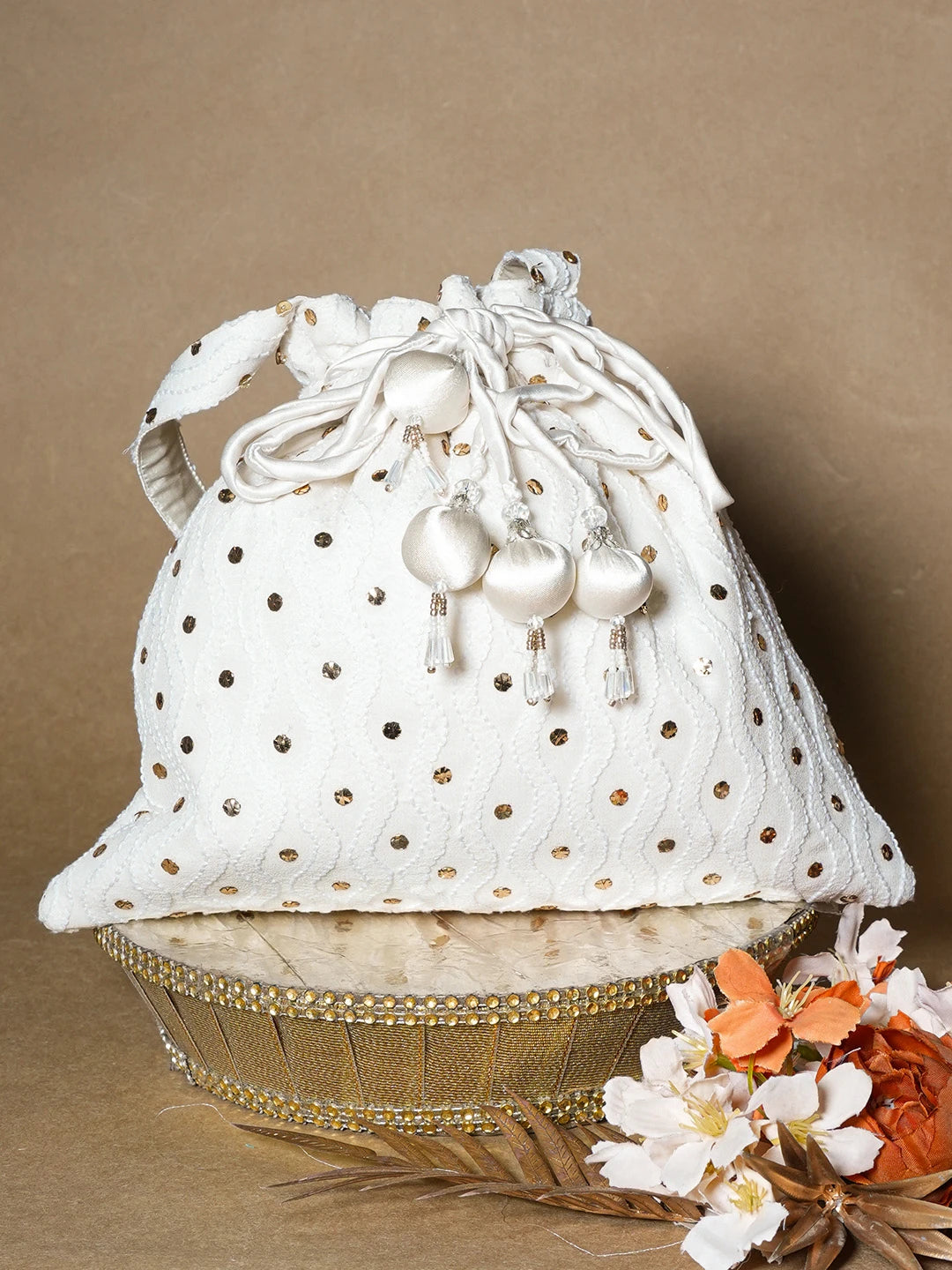Ada Hand Embroidered White Pure Georgette Lucknowi Chikankari Potli Bag With Muqaish Work 01A584824