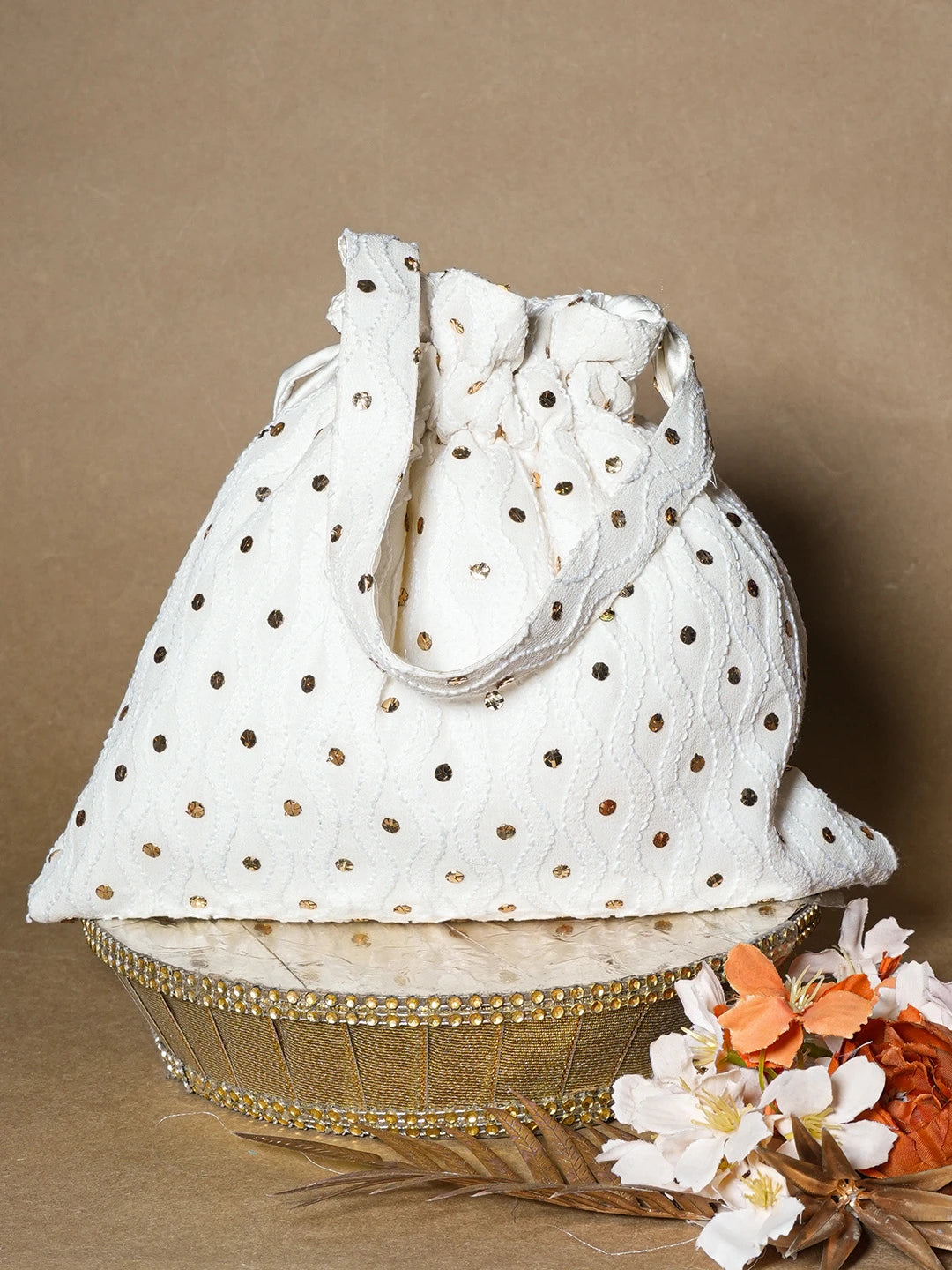 Ada Hand Embroidered White Pure Georgette Lucknowi Chikankari Potli Bag With Muqaish Work 01A584824