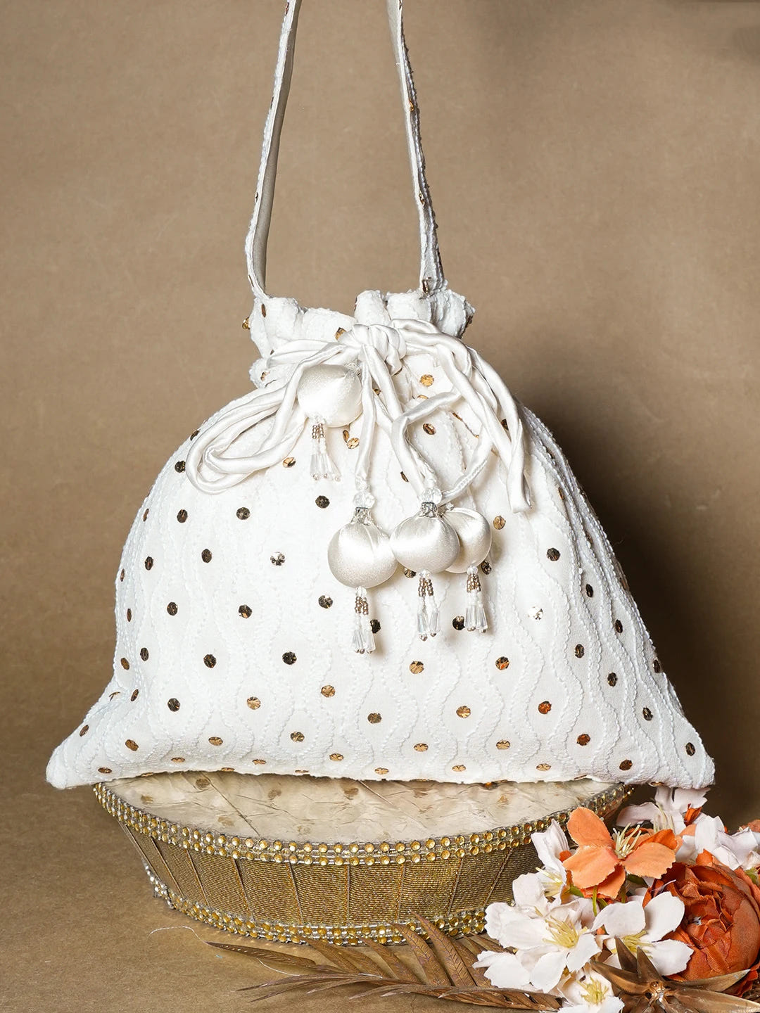 Ada Hand Embroidered White Pure Georgette Lucknowi Chikankari Potli Bag With Muqaish Work 01A584824