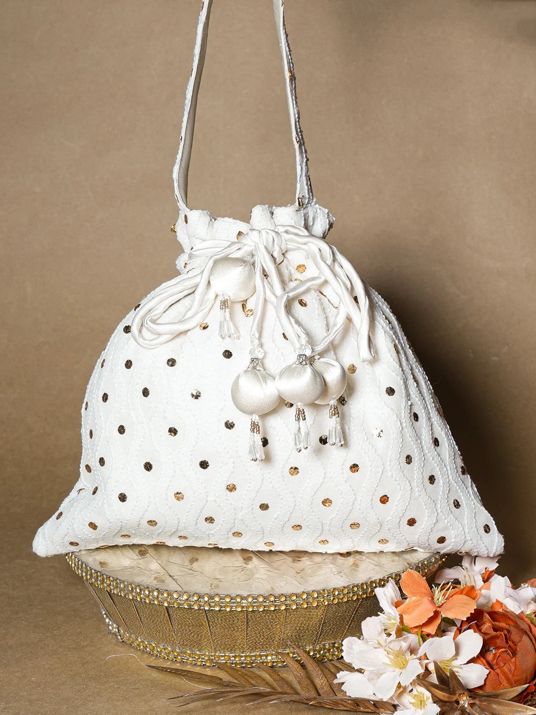 Ada Hand Embroidered White Pure Georgette Lucknowi Chikankari Potli Bag With Muqaish Work 01A584824