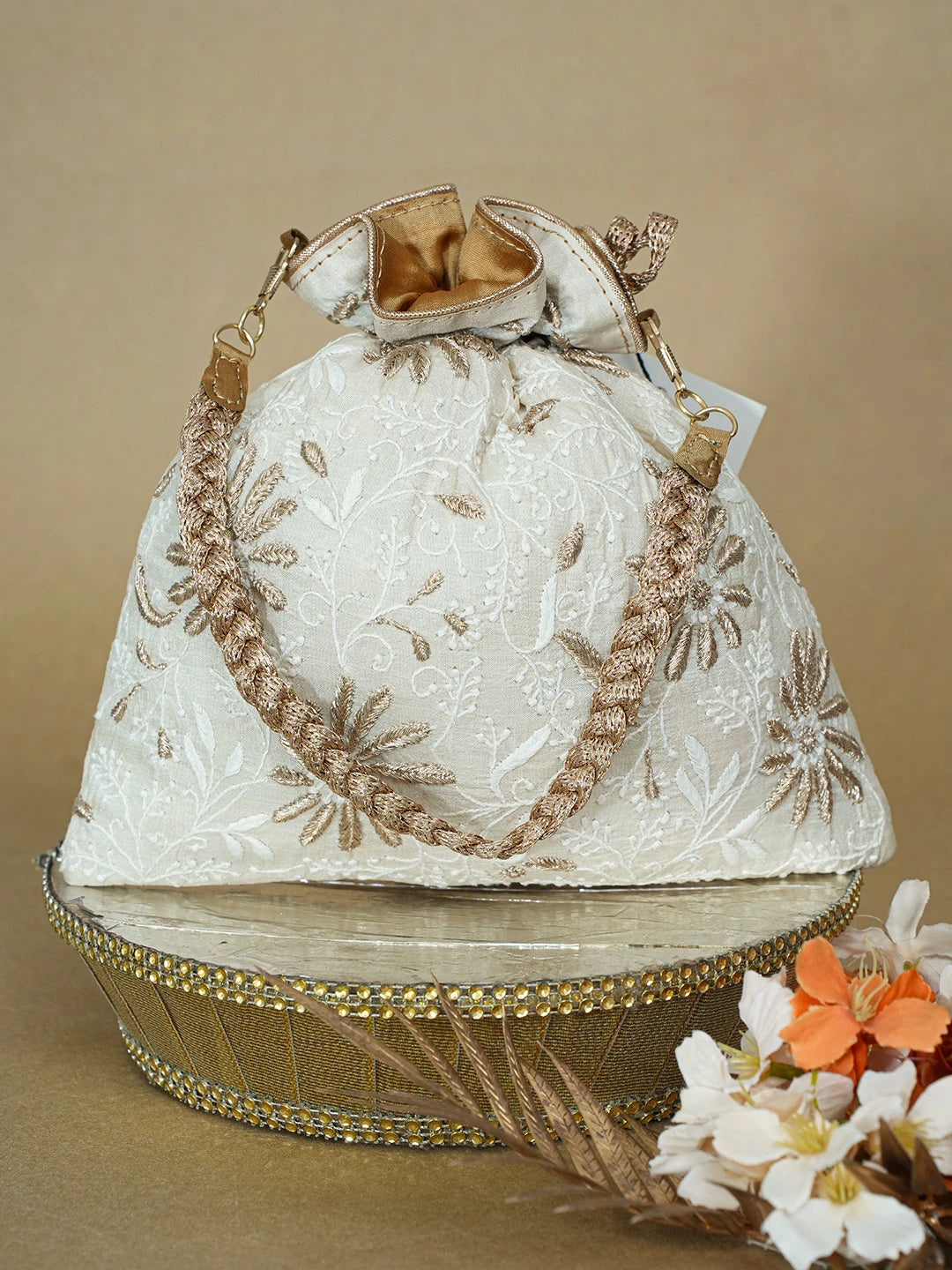 Ada Hand Embroidered Fawn Silk Lucknowi Chikankari Potli Bag With Zari Work 01A662349