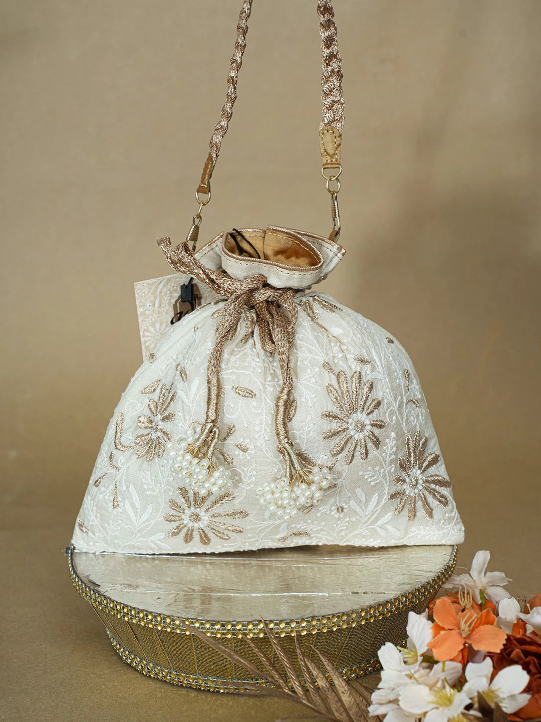 Ada Hand Embroidered Fawn Silk Lucknowi Chikankari Potli Bag With Zari Work 01A662349