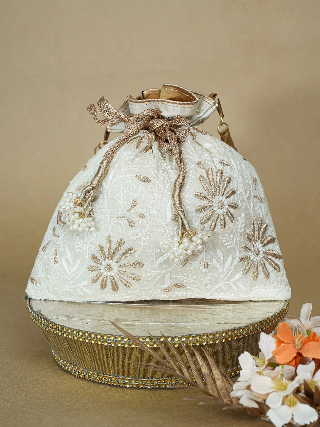 Ada Hand Embroidered Fawn Silk Lucknowi Chikankari Potli Bag With Zari Work 01A662349