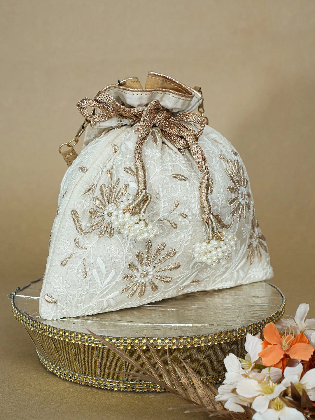 Ada Hand Embroidered Fawn Silk Lucknowi Chikankari Potli Bag With Zari Work 01A662349