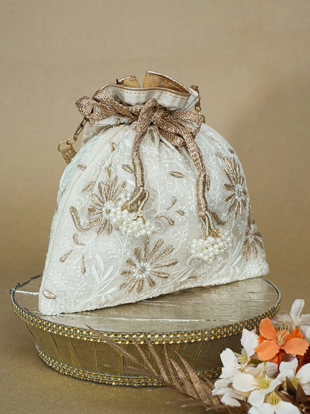 Ada Hand Embroidered Fawn Silk Lucknowi Chikankari Potli Bag With Zari Work 01A662349
