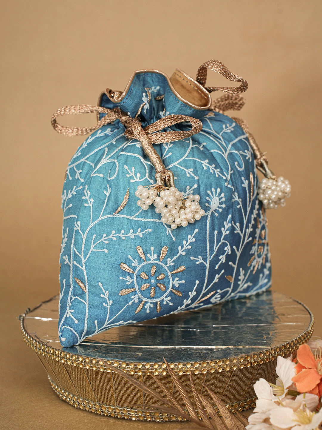 Ada Hand Embroidered Peacock Blue Silk Lucknowi Chikankari Potli Bag With Zari Work 01A662417