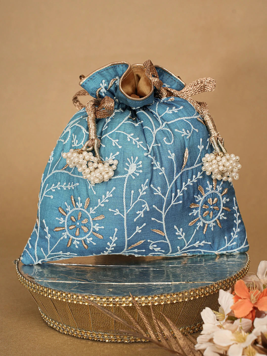 Ada Hand Embroidered Peacock Blue Silk Lucknowi Chikankari Potli Bag With Zari Work 01A662417
