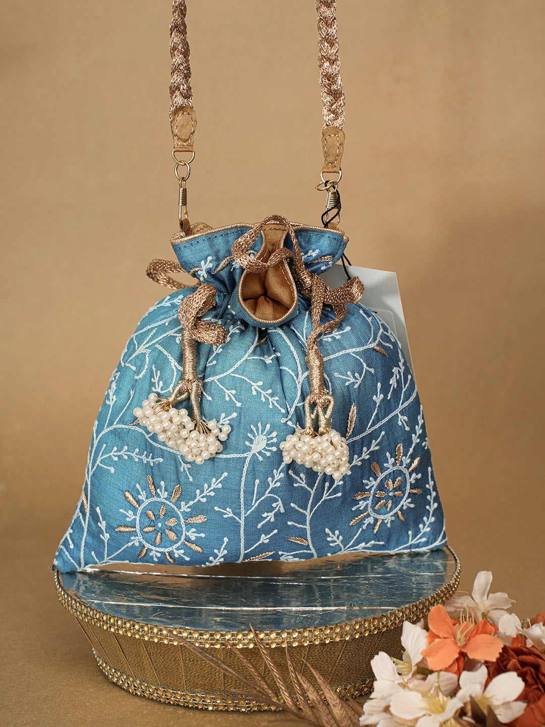 Ada Hand Embroidered Peacock Blue Silk Lucknowi Chikankari Potli Bag With Zari Work 01A662417