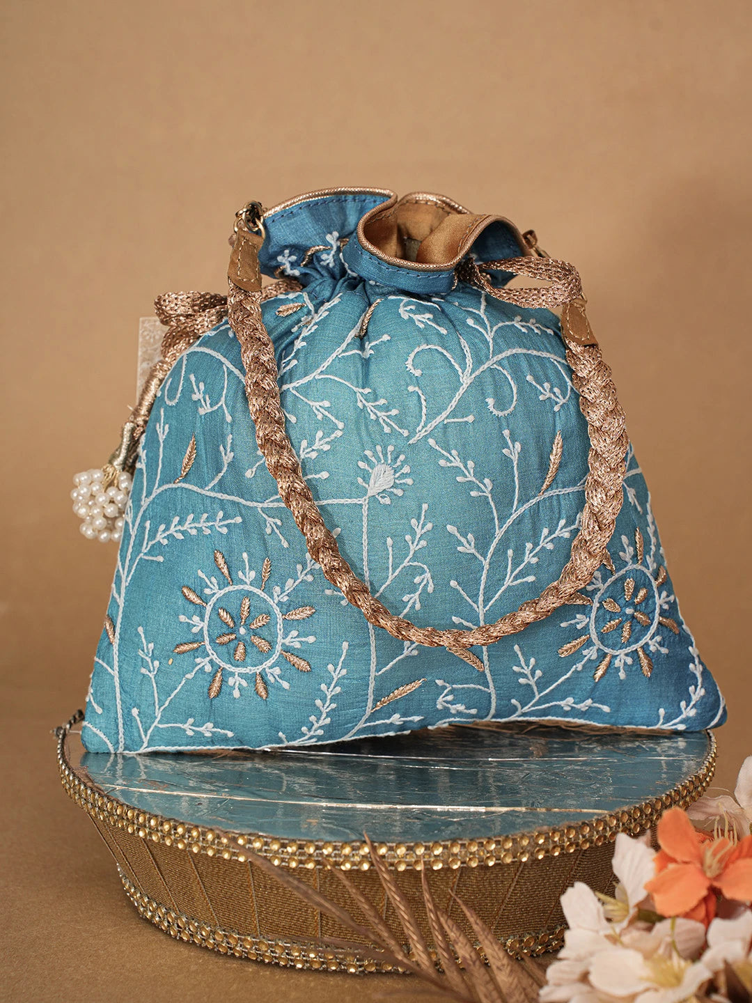Ada Hand Embroidered Peacock Blue Silk Lucknowi Chikankari Potli Bag With Zari Work 01A662417