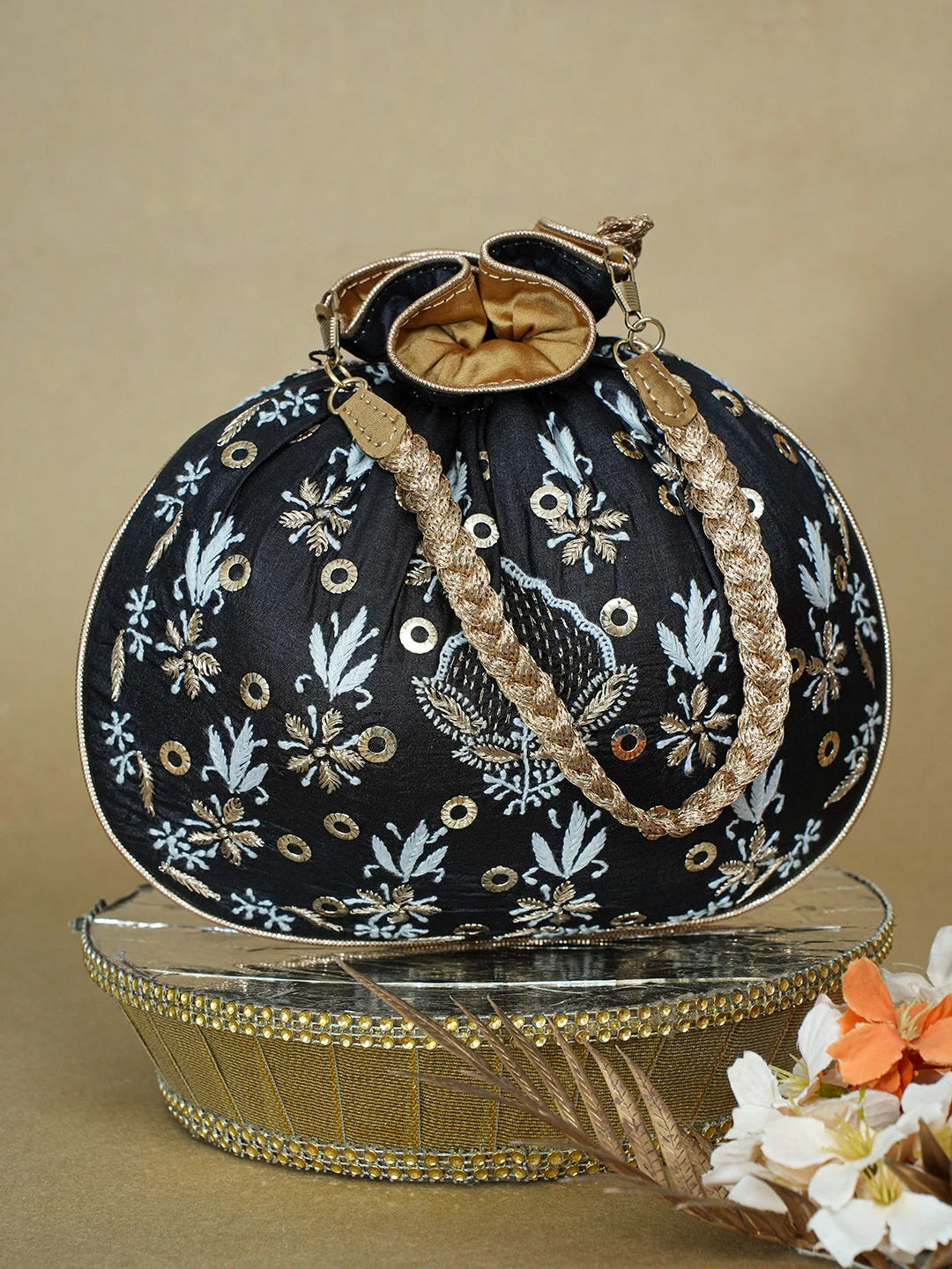 Ada Hand Embroidered Black Silk Lucknowi Chikankari Potli Bag With Zari Work 01A642012