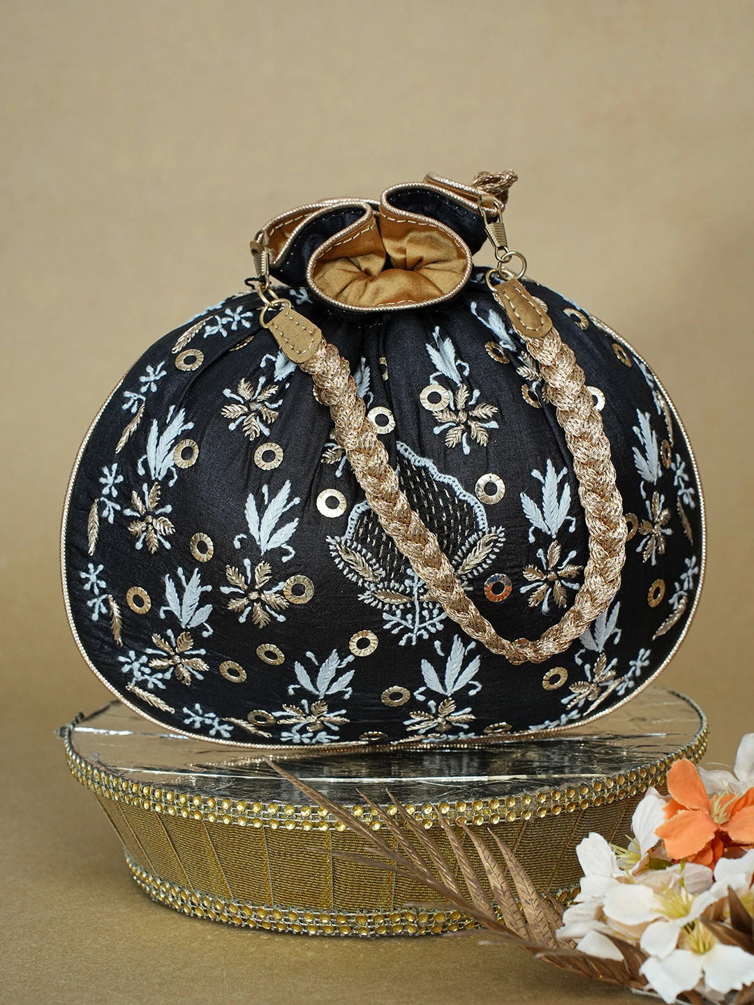 Ada Hand Embroidered Black Silk Lucknowi Chikankari Potli Bag With Zari Work 01A642012
