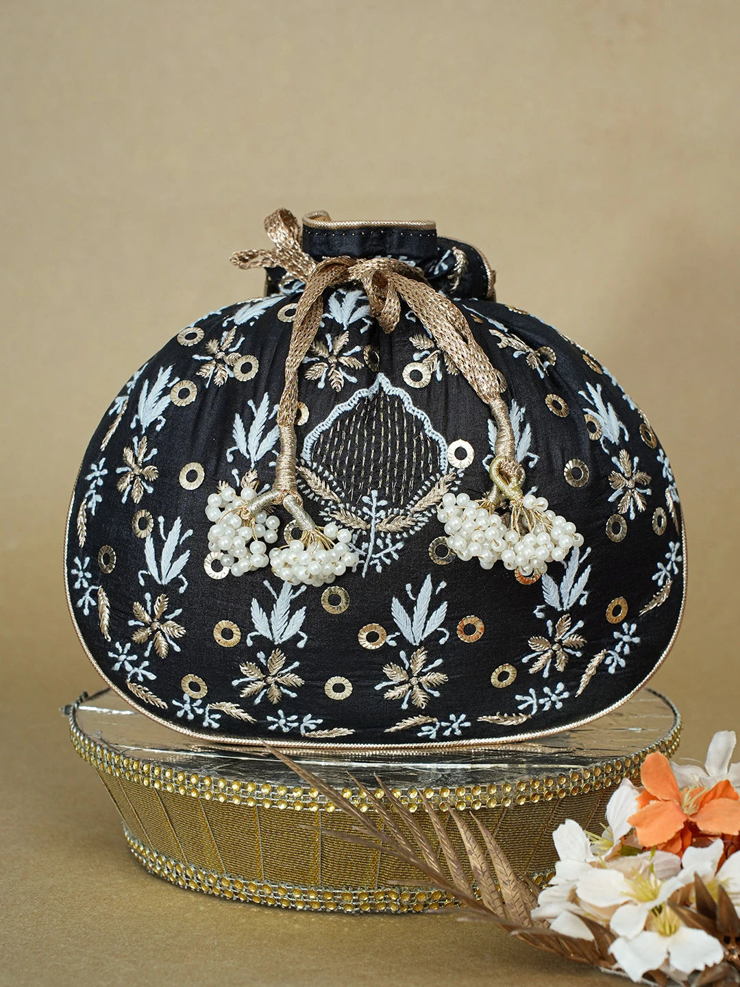 Ada Hand Embroidered Black Silk Lucknowi Chikankari Potli Bag With Zari Work 01A642012
