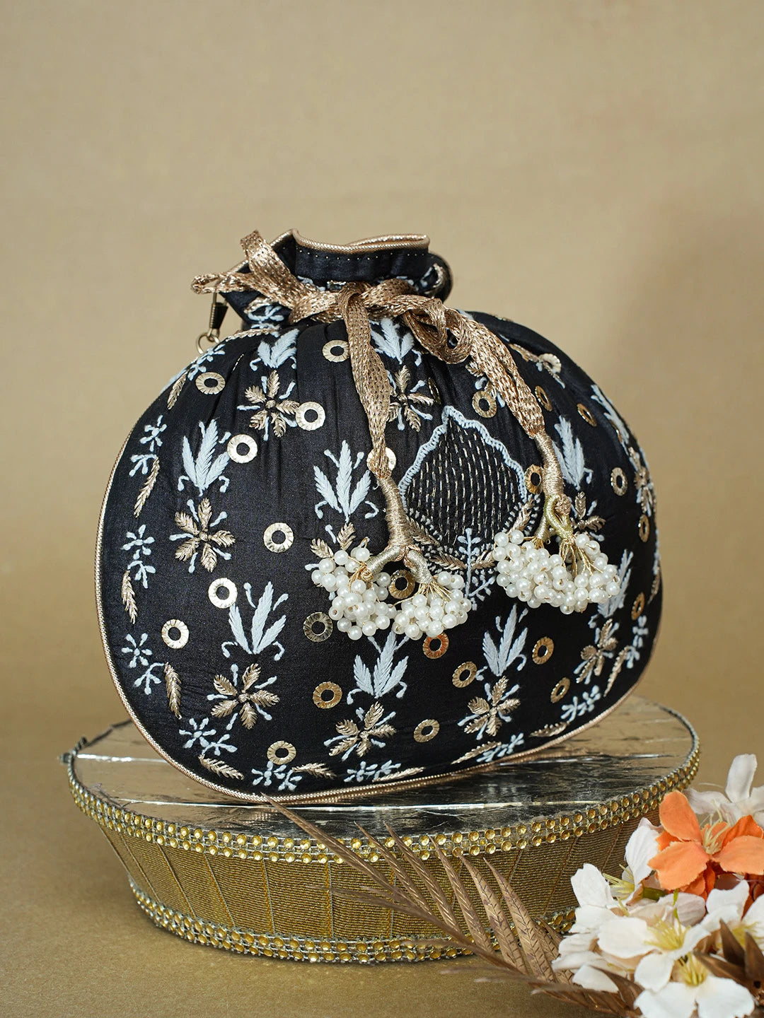 Ada Hand Embroidered Black Silk Lucknowi Chikankari Potli Bag With Zari Work 01A642012