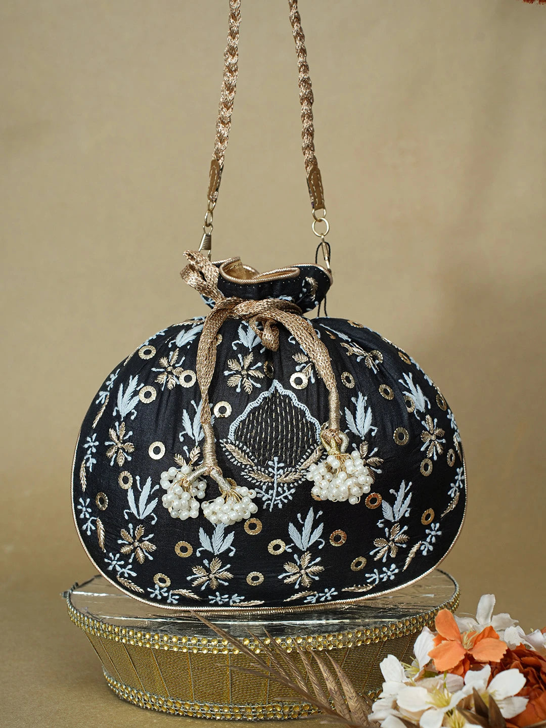 Ada Hand Embroidered Black Silk Lucknowi Chikankari Potli Bag With Zari Work 01A642012