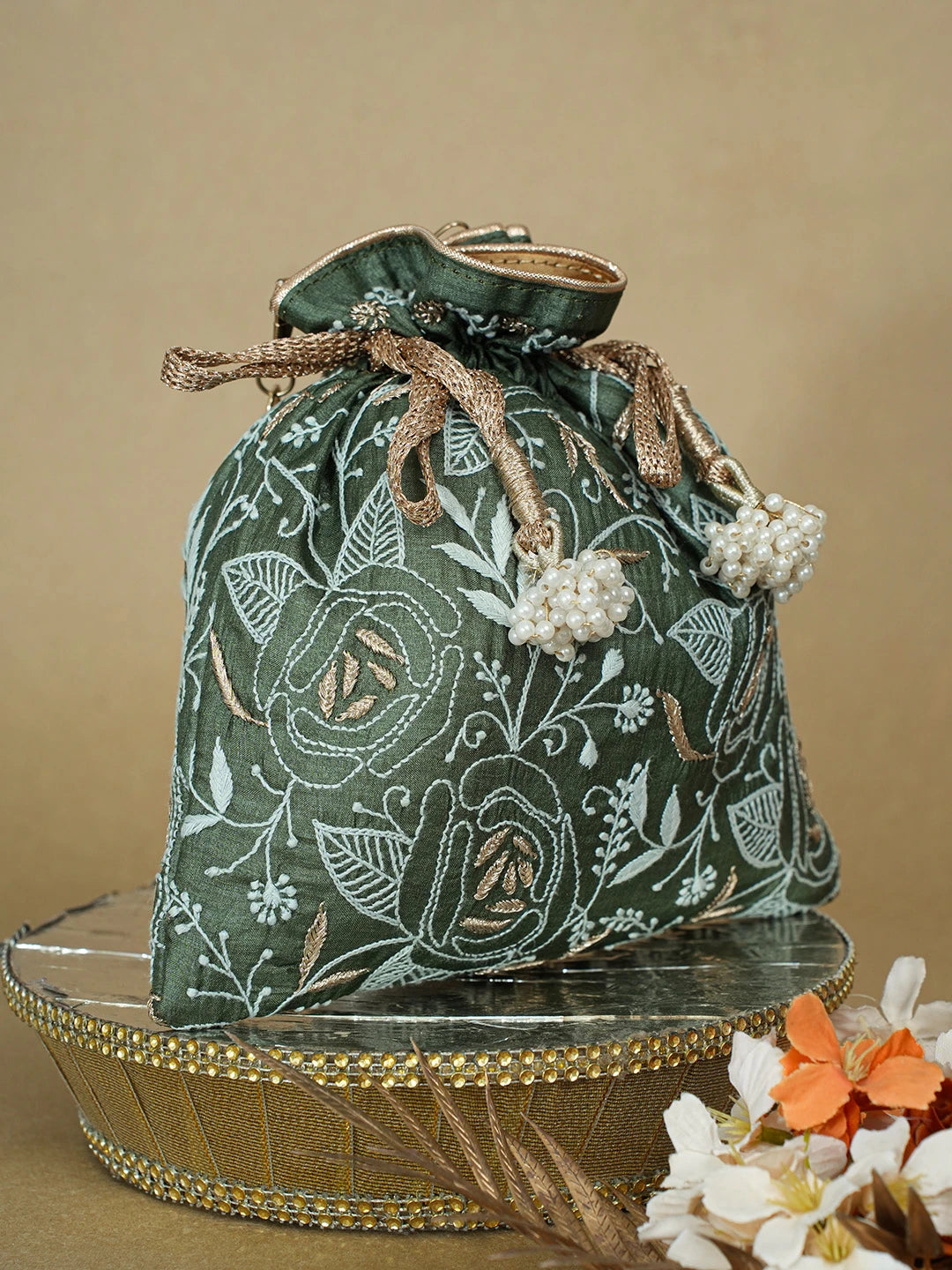 Ada Hand Embroidered Bottle Green Silk Lucknowi Chikankari Potli Bag With Zari Work 01A662419