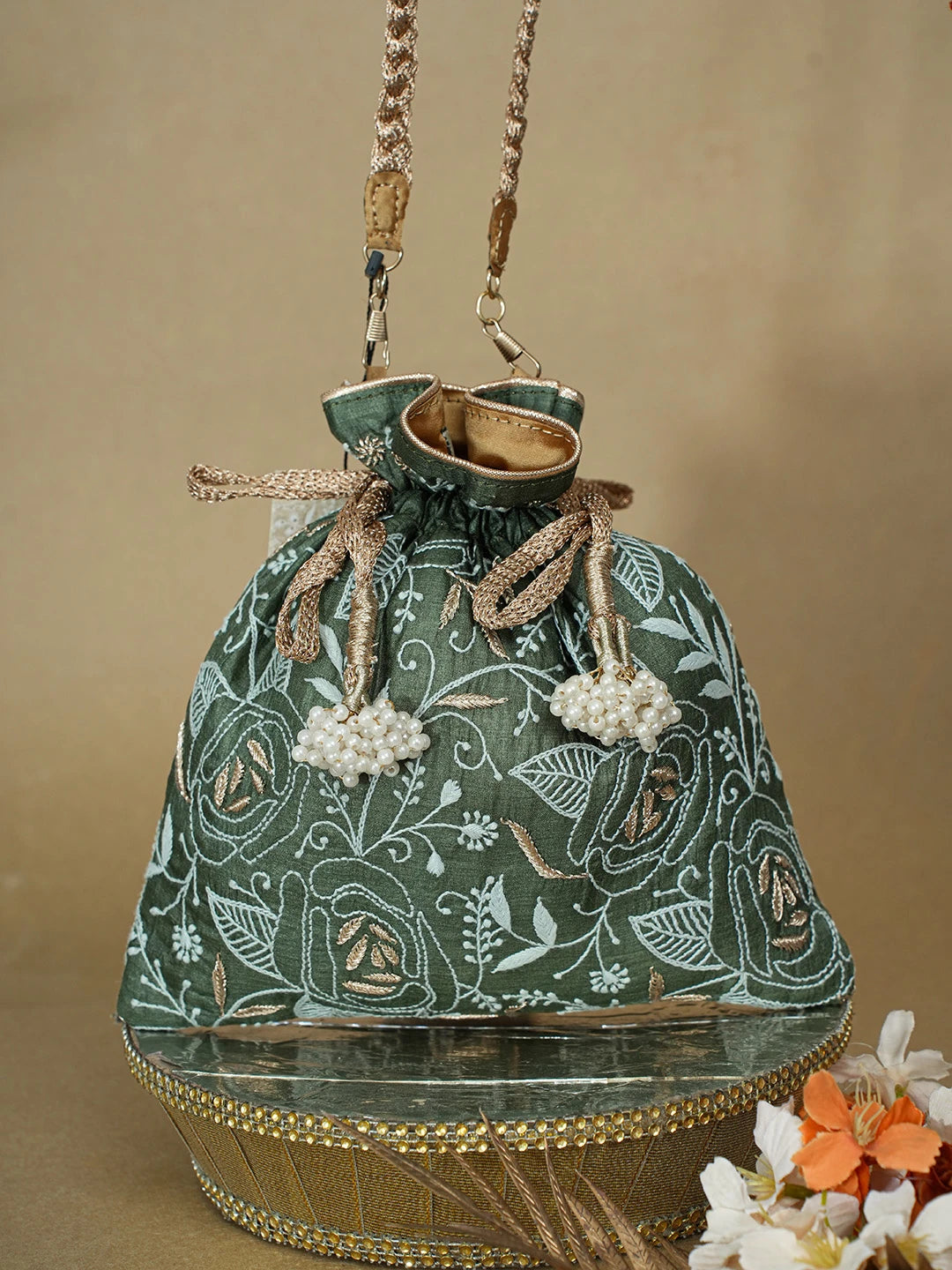Ada Hand Embroidered Bottle Green Silk Lucknowi Chikankari Potli Bag With Zari Work 01A662419