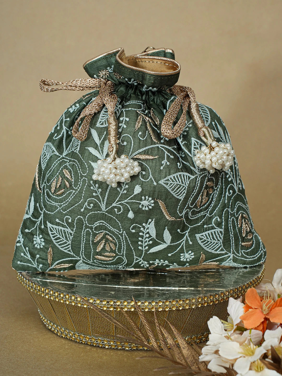 Ada Hand Embroidered Bottle Green Silk Lucknowi Chikankari Potli Bag With Zari Work 01A662419