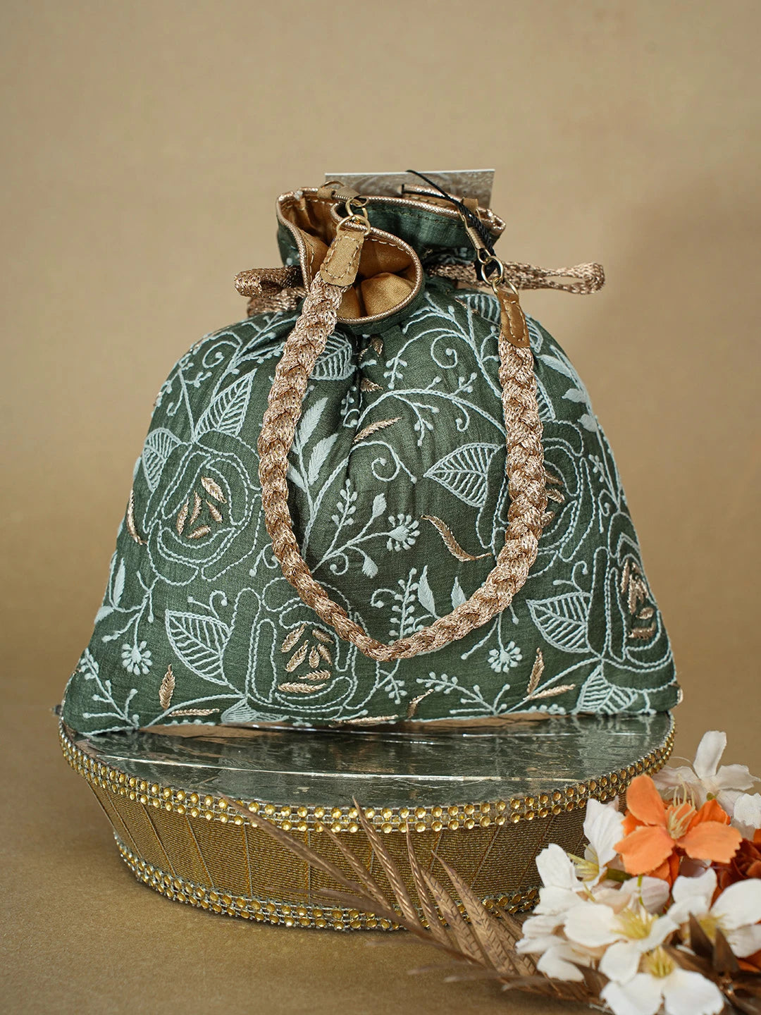 Ada Hand Embroidered Bottle Green Silk Lucknowi Chikankari Potli Bag With Zari Work 01A662419