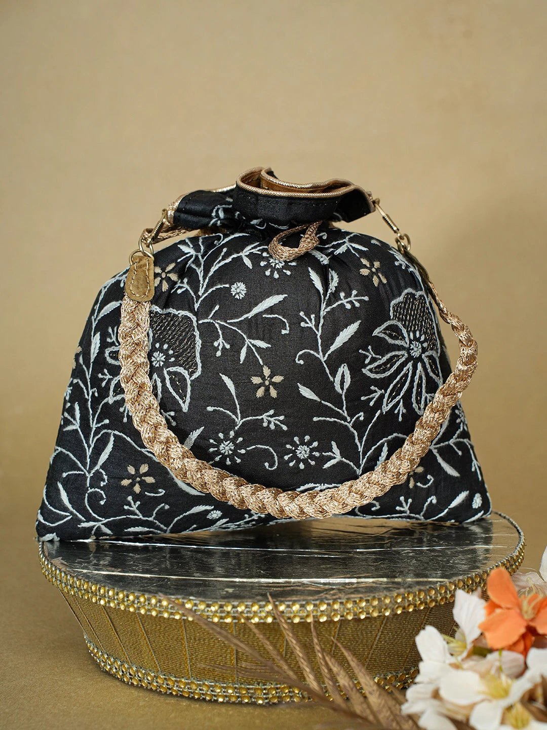 Ada Hand Embroidered Black Silk Lucknowi Chikankari Potli Bag With Zari Work 01A634052