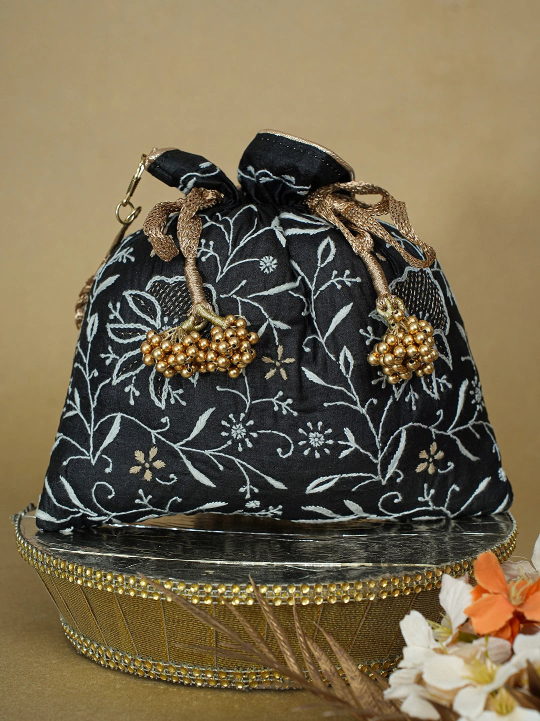 Ada Hand Embroidered Black Silk Lucknowi Chikankari Potli Bag With Zari Work 01A634052