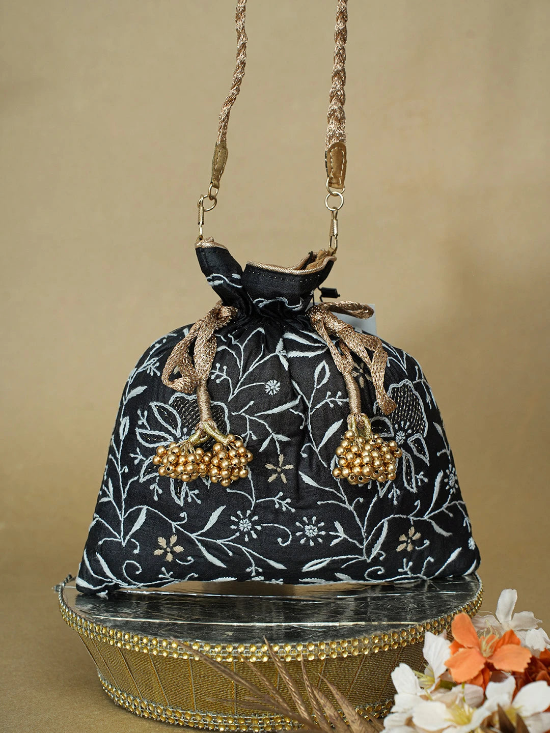 Ada Hand Embroidered Black Silk Lucknowi Chikankari Potli Bag With Zari Work 01A634052