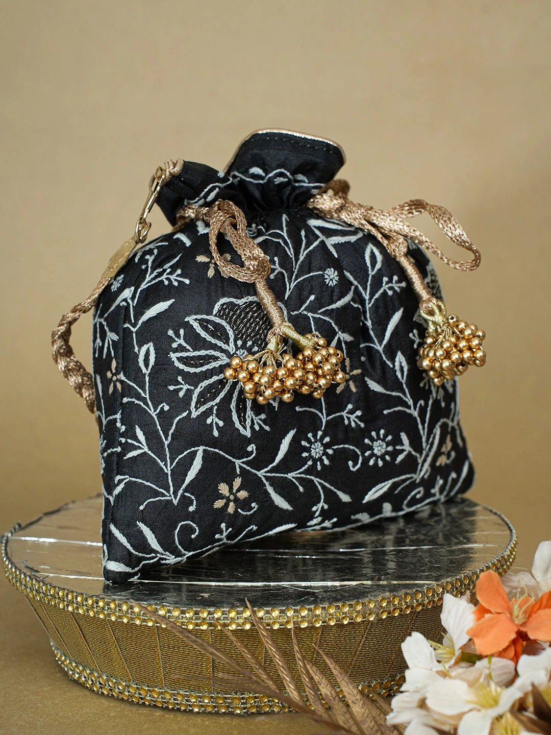 Ada Hand Embroidered Black Silk Lucknowi Chikankari Potli Bag With Zari Work 01A634052