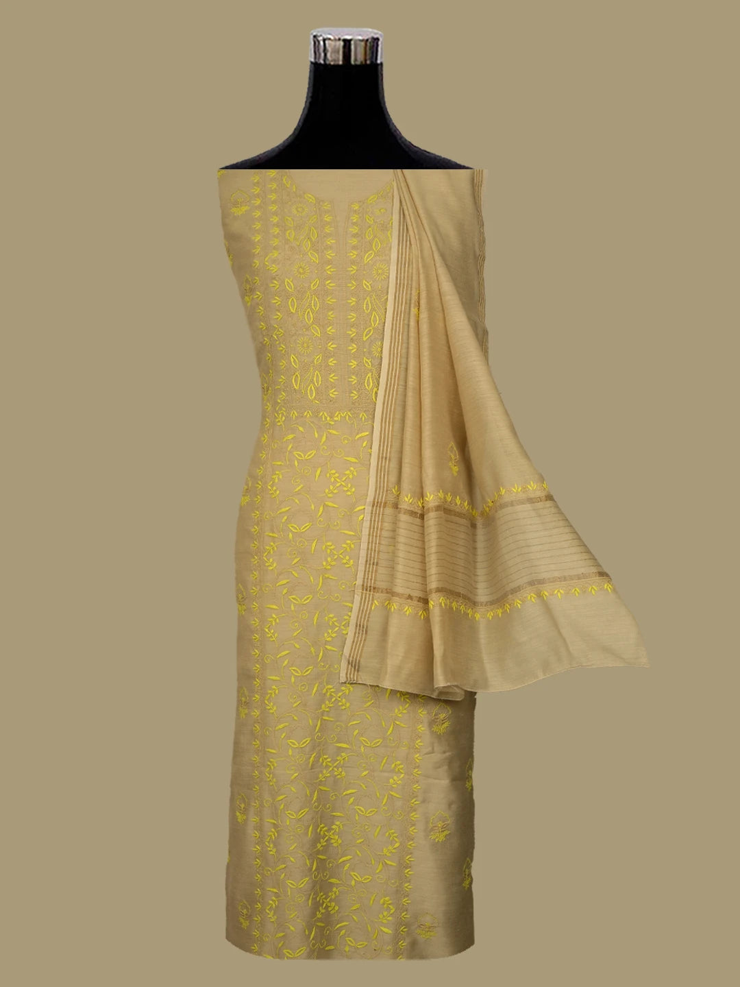 Ada Hand Embroidered Fawn Moonga Silk Lucknowi Chikankari Unstitched Kurta Dupatta Set 01A567575