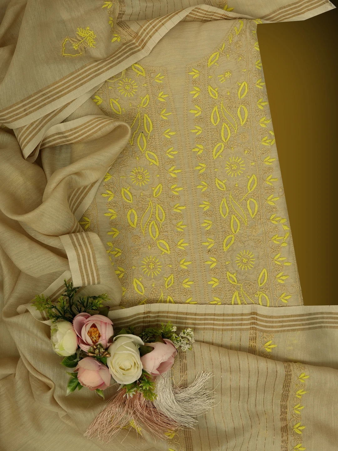 Ada Hand Embroidered Fawn Moonga Silk Lucknowi Chikankari Unstitched Kurta Dupatta Set 01A567575
