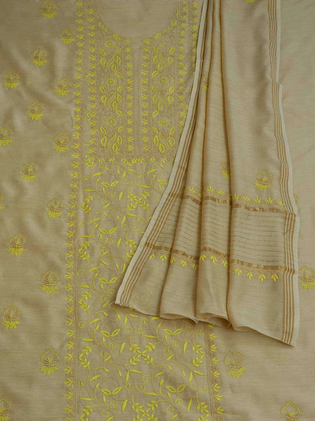 Ada Hand Embroidered Fawn Moonga Silk Lucknowi Chikankari Unstitched Kurta Dupatta Set 01A567575