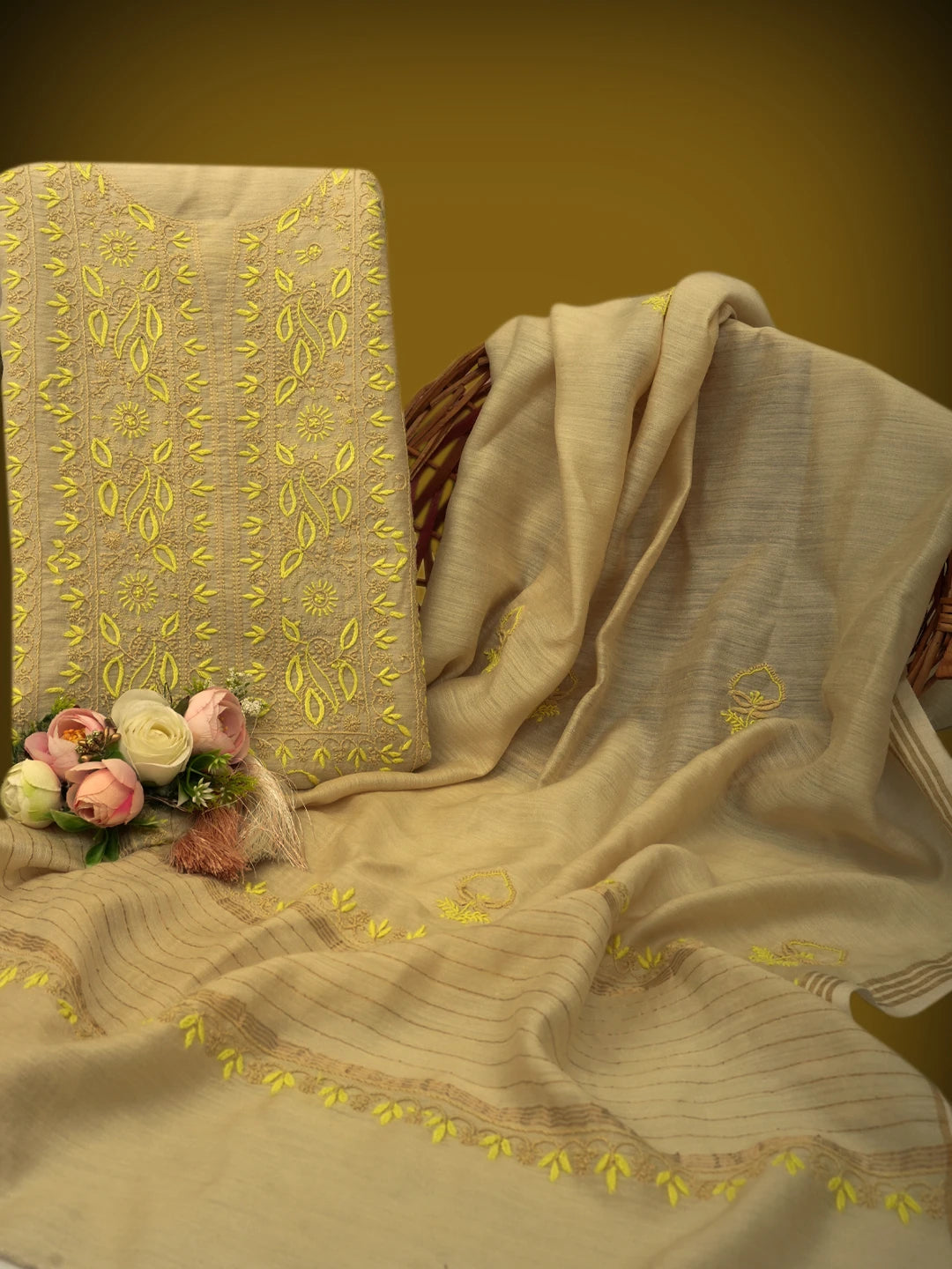Ada Hand Embroidered Fawn Moonga Silk Lucknowi Chikankari Unstitched Kurta Dupatta Set 01A567575