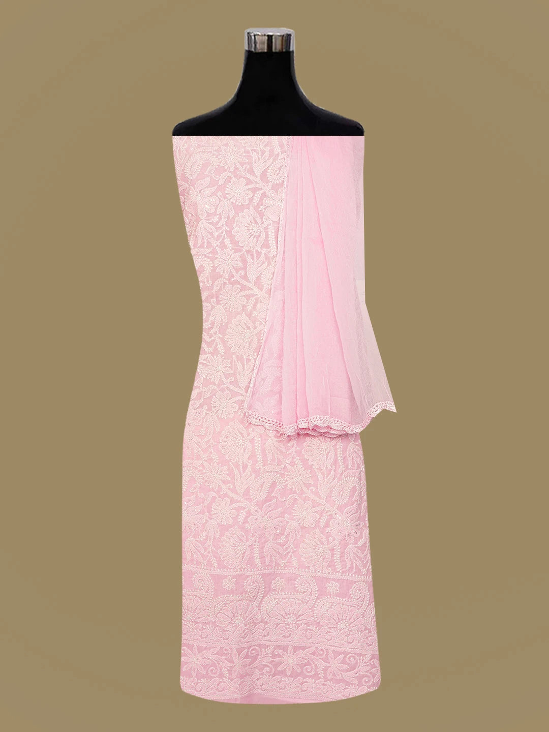 Ada Hand Embroidered Pink Cotton Lucknowi Chikankari Unstitched Suit Piece with Cutdana Work 01A633719