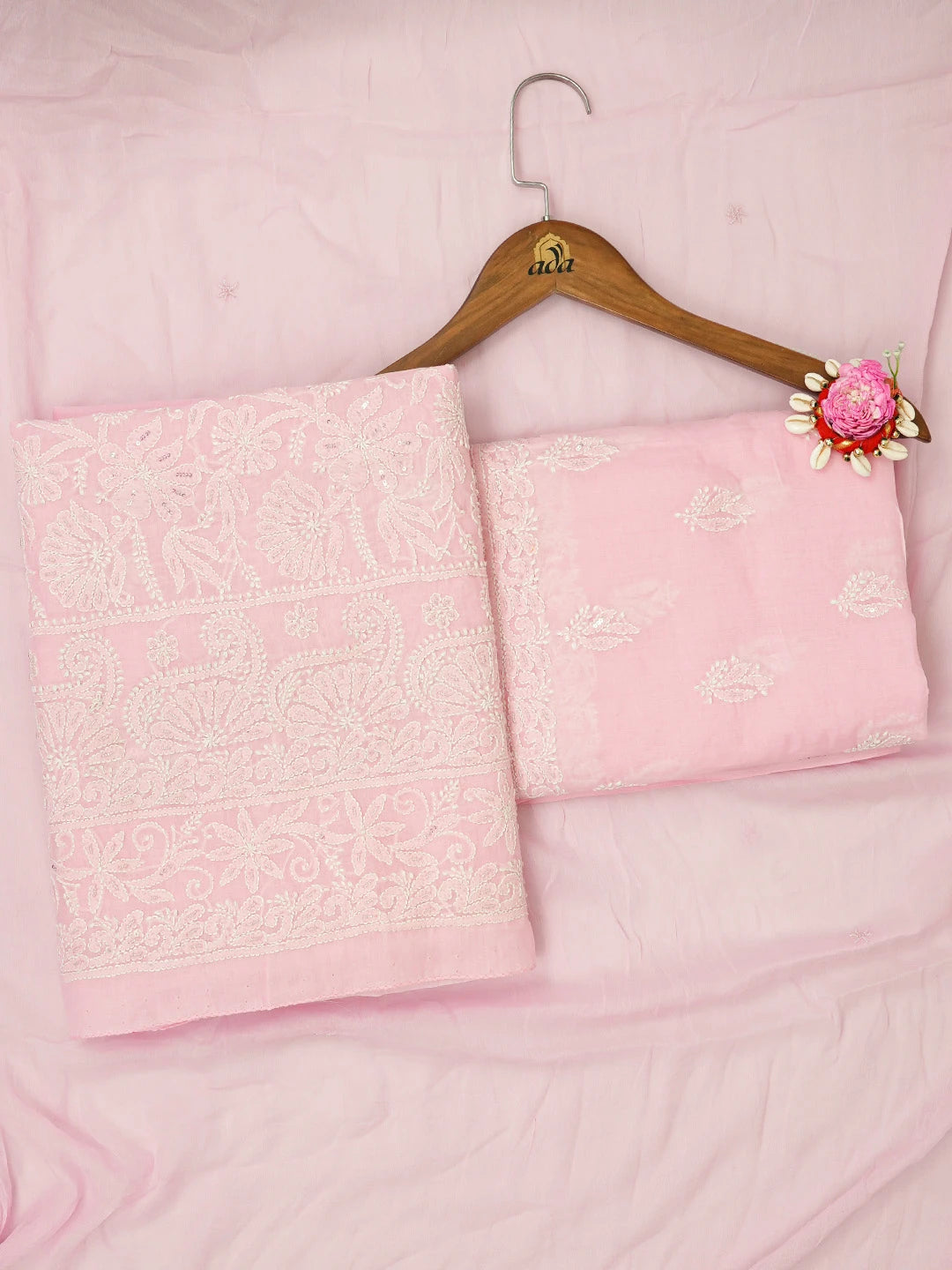 Ada Hand Embroidered Pink Cotton Lucknowi Chikankari Unstitched Suit Piece with Cutdana Work 01A633719
