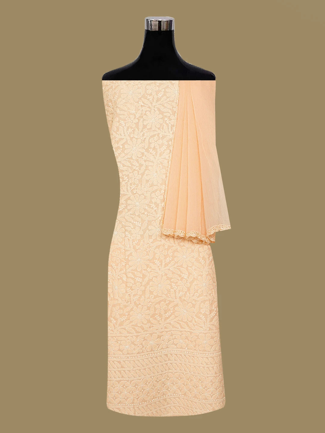 Ada Hand Embroidered Peach Cotton Lucknowi Chikankari Unstitched Suit Piece 01A659599