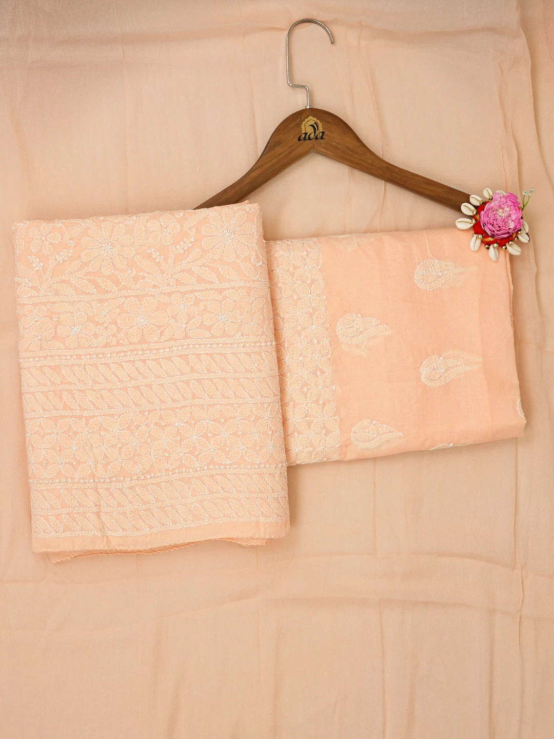Ada Hand Embroidered Peach Cotton Lucknowi Chikankari Unstitched Suit Piece 01A659599