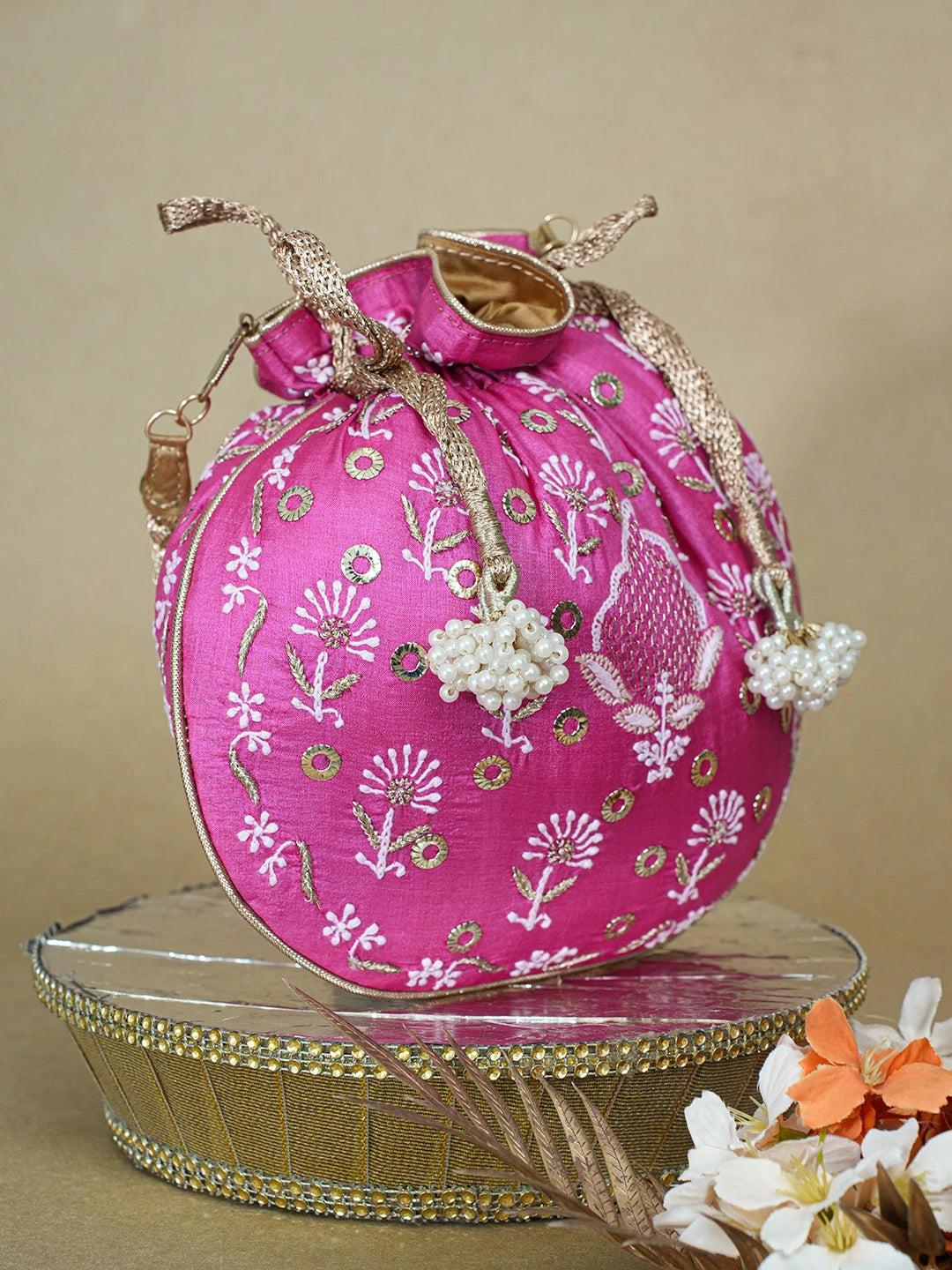 Ada Hand Embroidered Magenta Silk Lucknowi Chikankari Potli Bag With Zari Work 01A663927