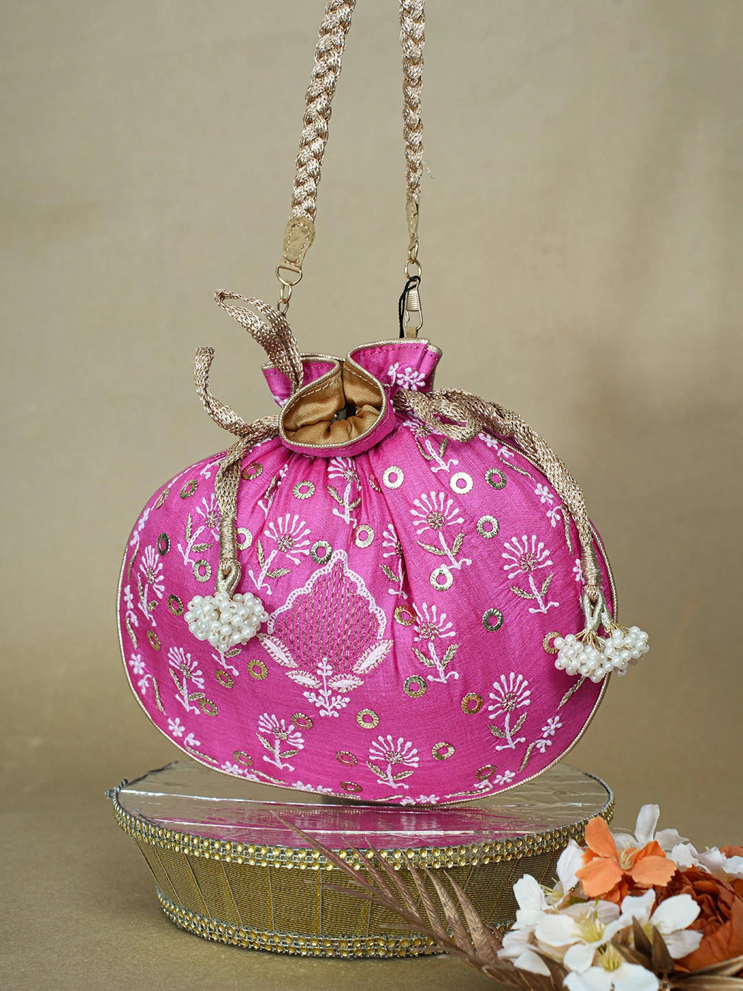 Ada Hand Embroidered Magenta Silk Lucknowi Chikankari Potli Bag With Zari Work 01A663927