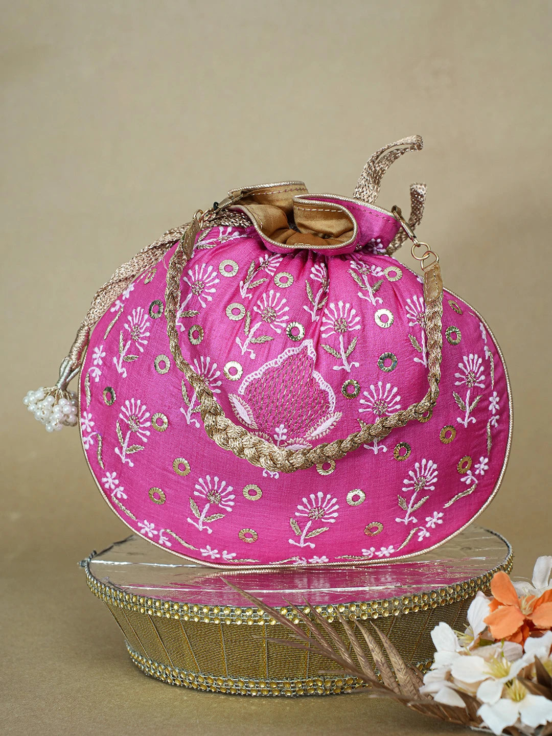 Ada Hand Embroidered Magenta Silk Lucknowi Chikankari Potli Bag With Zari Work 01A663927