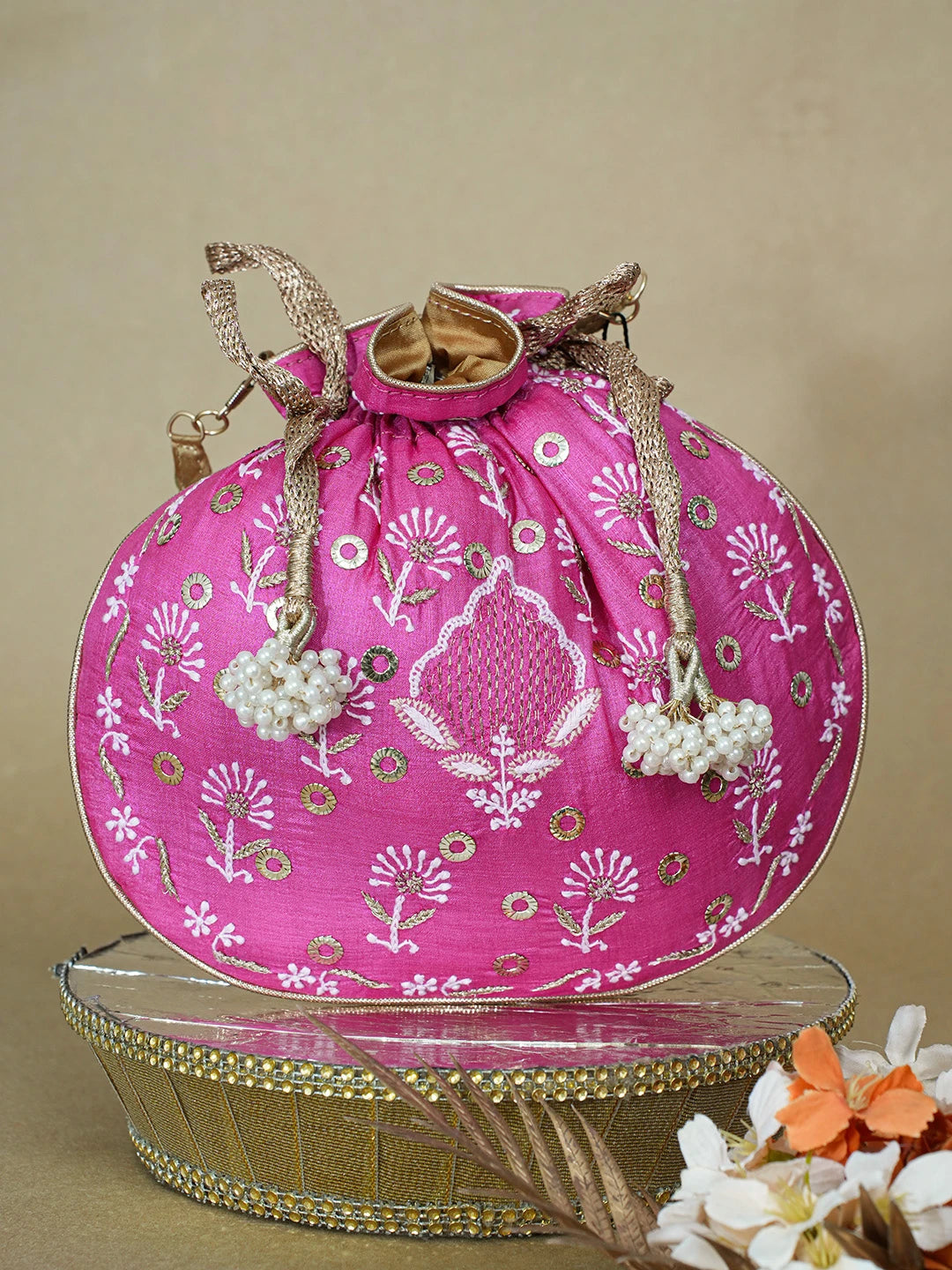 Ada Hand Embroidered Magenta Silk Lucknowi Chikankari Potli Bag With Zari Work 01A663927