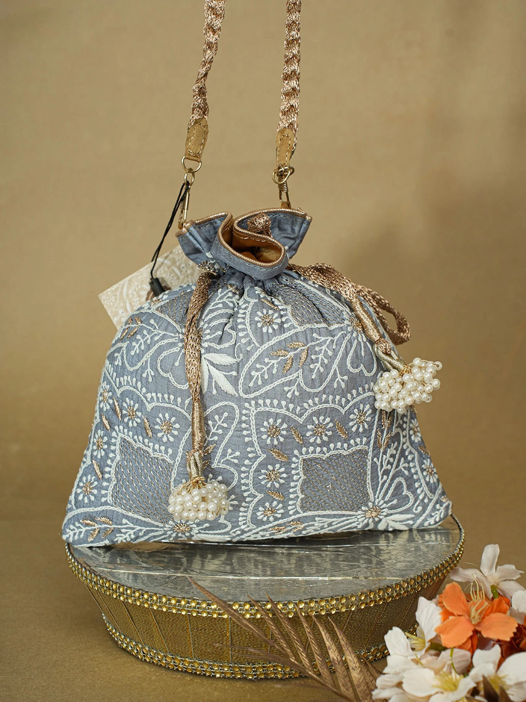 Ada Hand Embroidered Grey Silk Lucknowi Chikankari Potli Bag With Zari Work 01A662348