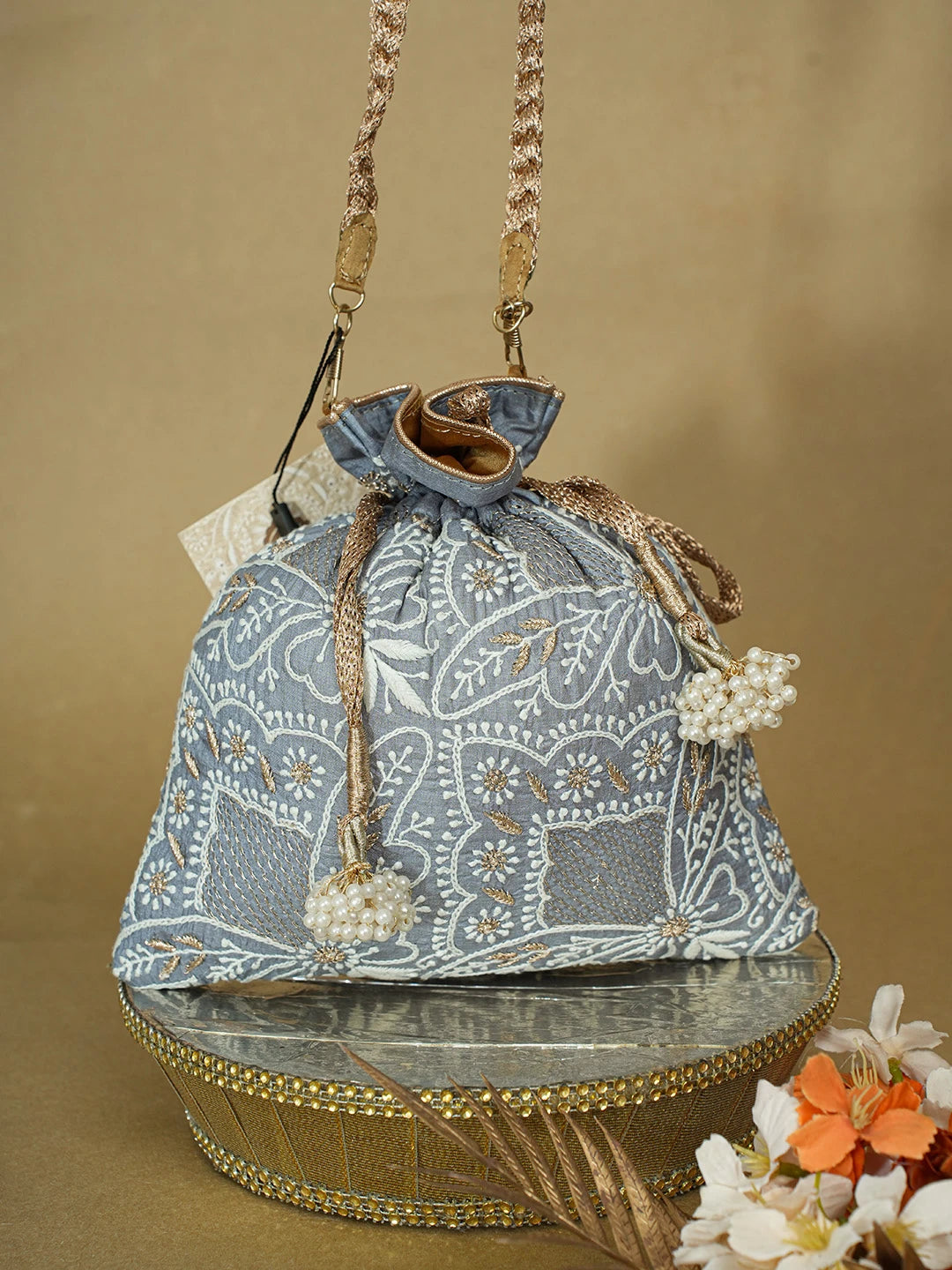 Ada Hand Embroidered Grey Silk Lucknowi Chikankari Potli Bag With Zari Work 01A662348