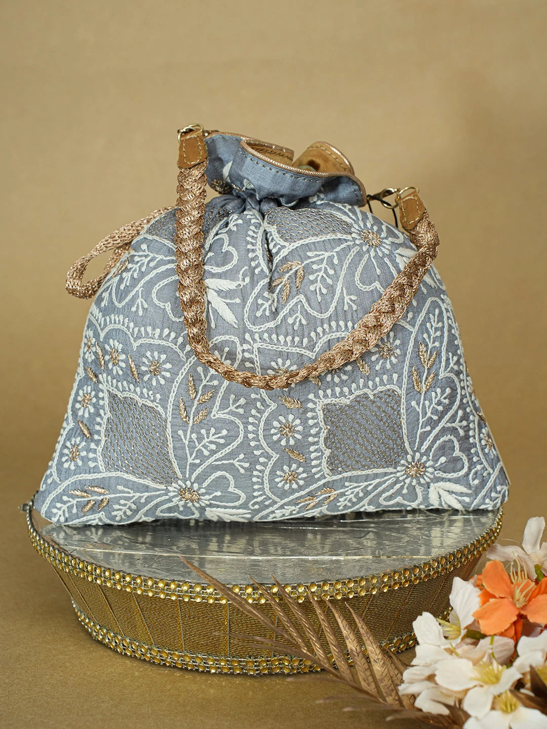 Ada Hand Embroidered Grey Silk Lucknowi Chikankari Potli Bag With Zari Work 01A662348