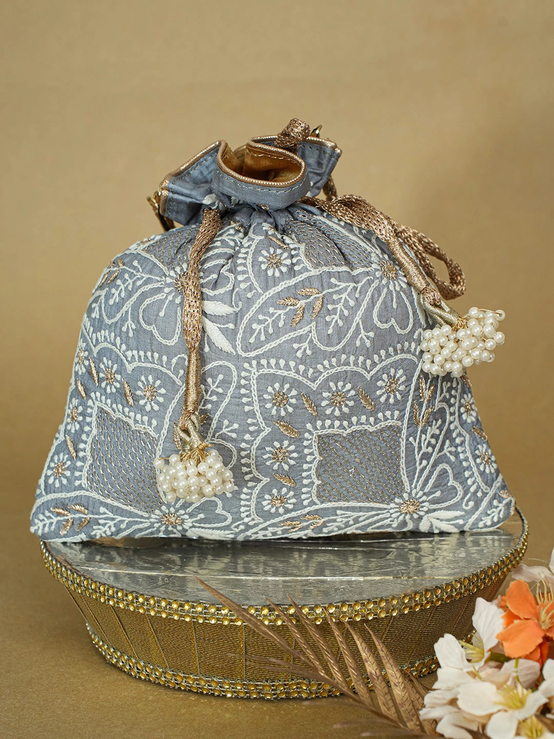 Ada Hand Embroidered Grey Silk Lucknowi Chikankari Potli Bag With Zari Work 01A662348
