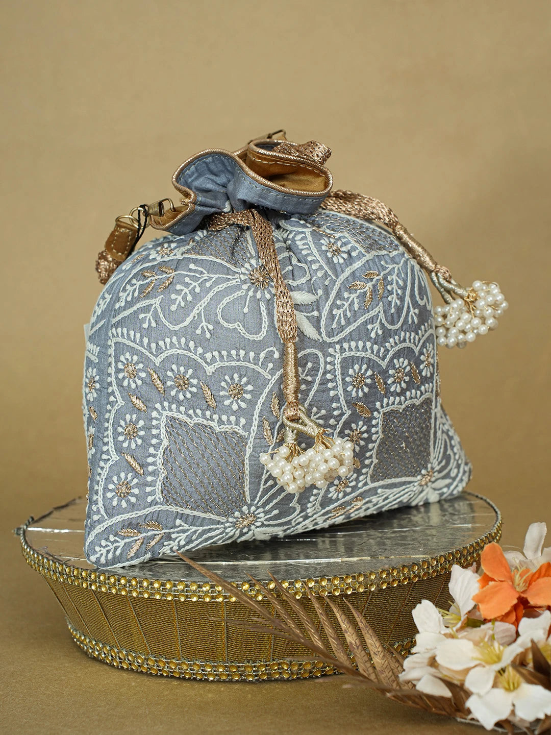 Ada Hand Embroidered Grey Silk Lucknowi Chikankari Potli Bag With Zari Work 01A662348