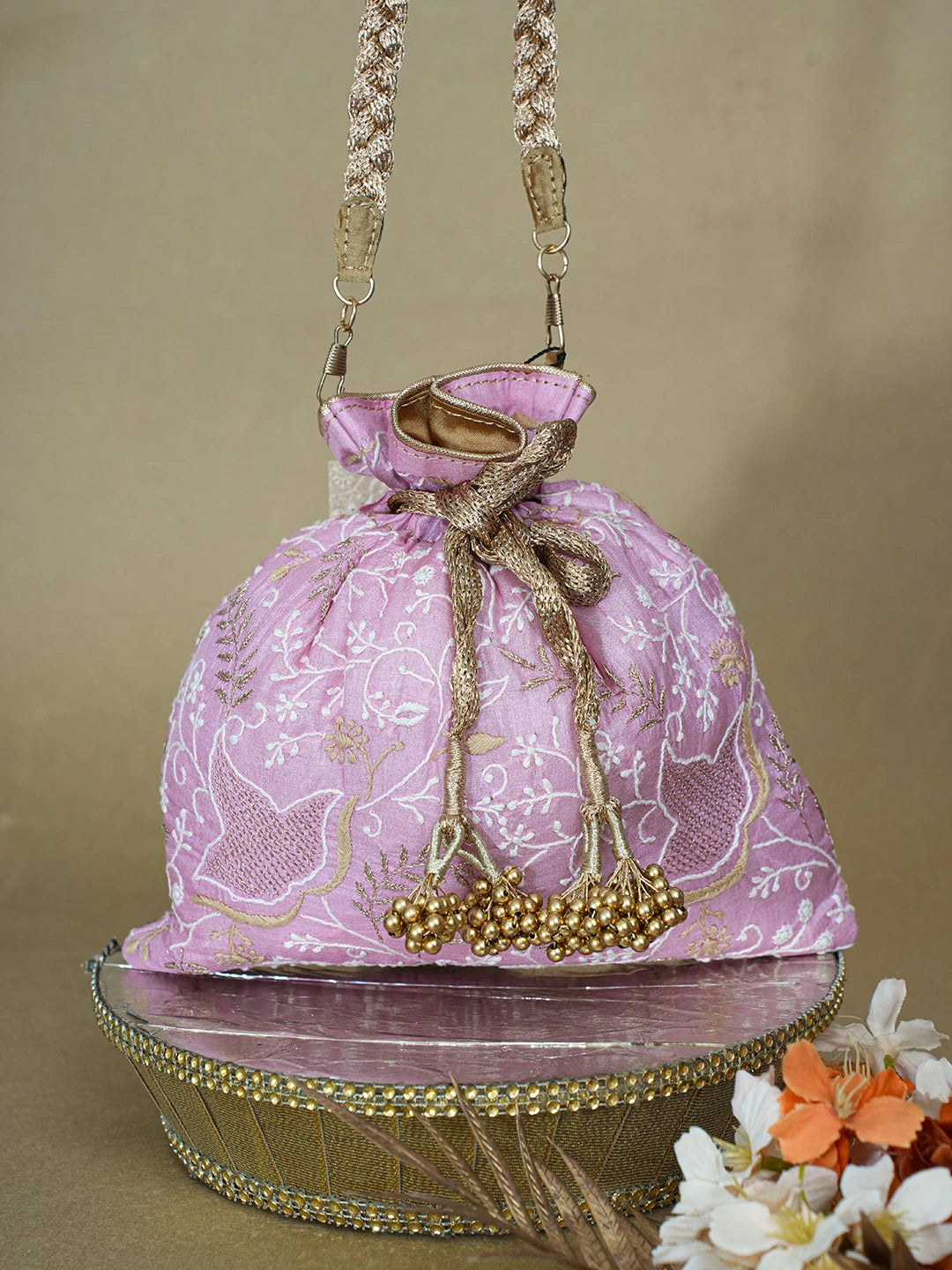 Ada Hand Embroidered Pink Silk Lucknowi Chikankari Potli Bag With Zari Work 01A636049