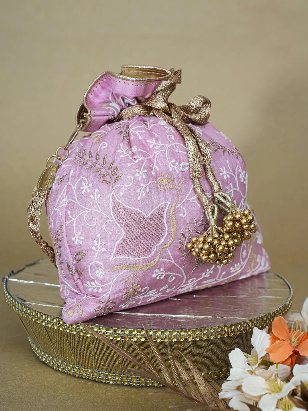 Ada Hand Embroidered Pink Silk Lucknowi Chikankari Potli Bag With Zari Work 01A636049