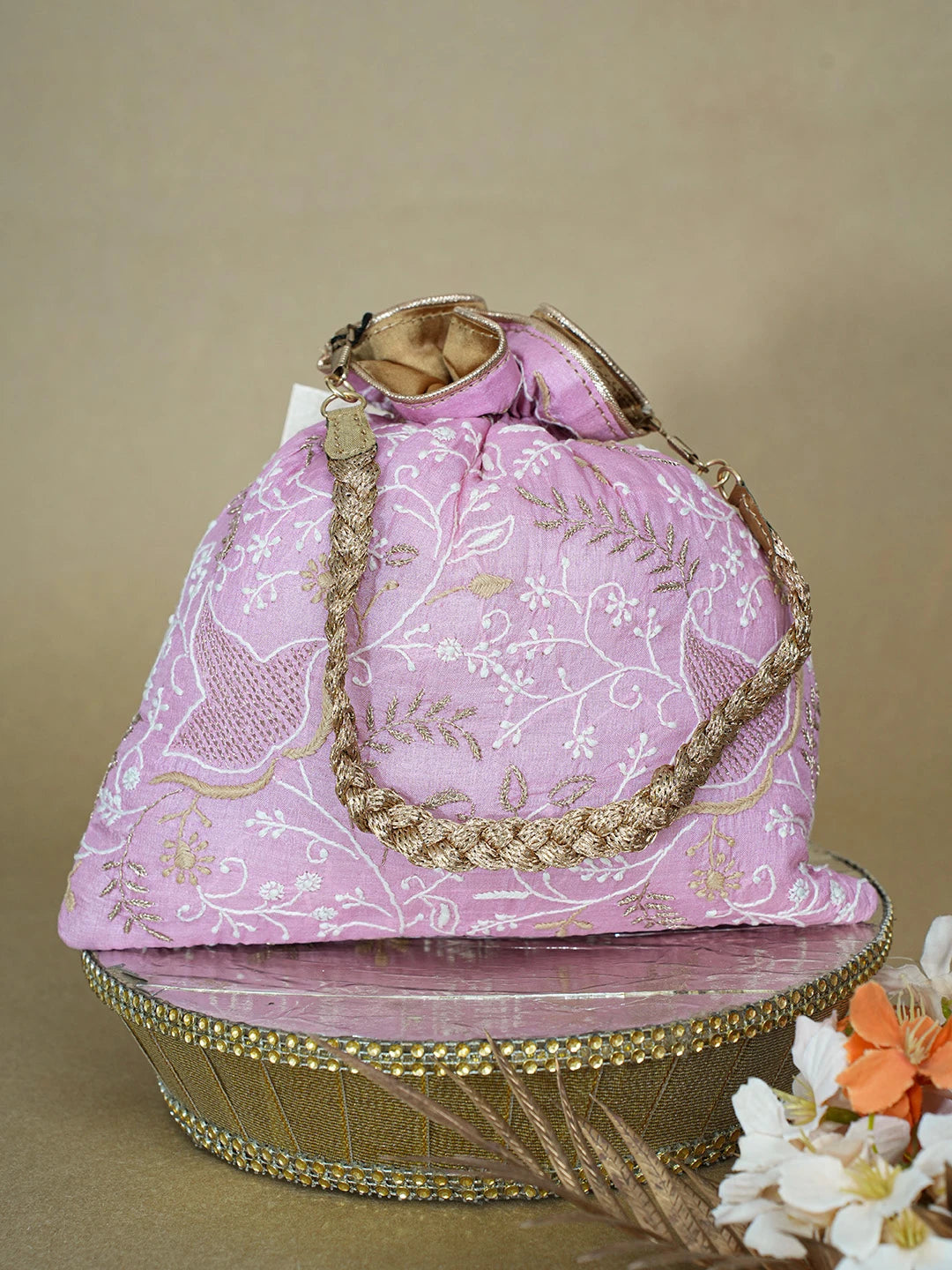 Ada Hand Embroidered Pink Silk Lucknowi Chikankari Potli Bag With Zari Work 01A636049