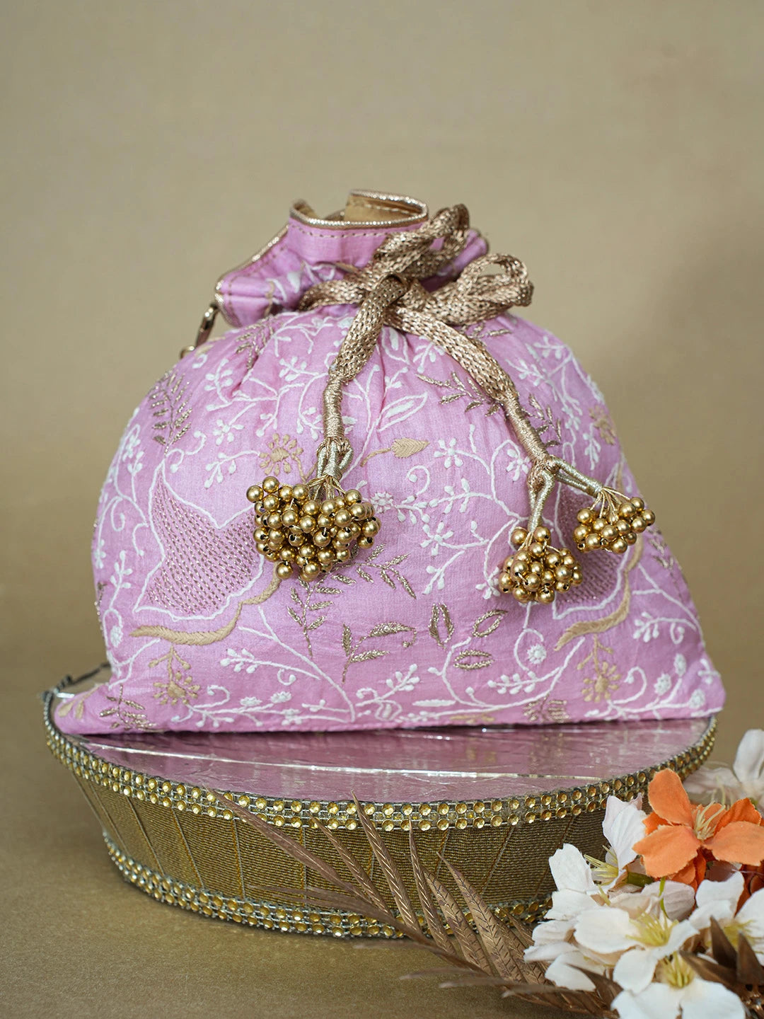 Ada Hand Embroidered Pink Silk Lucknowi Chikankari Potli Bag With Zari Work 01A636049