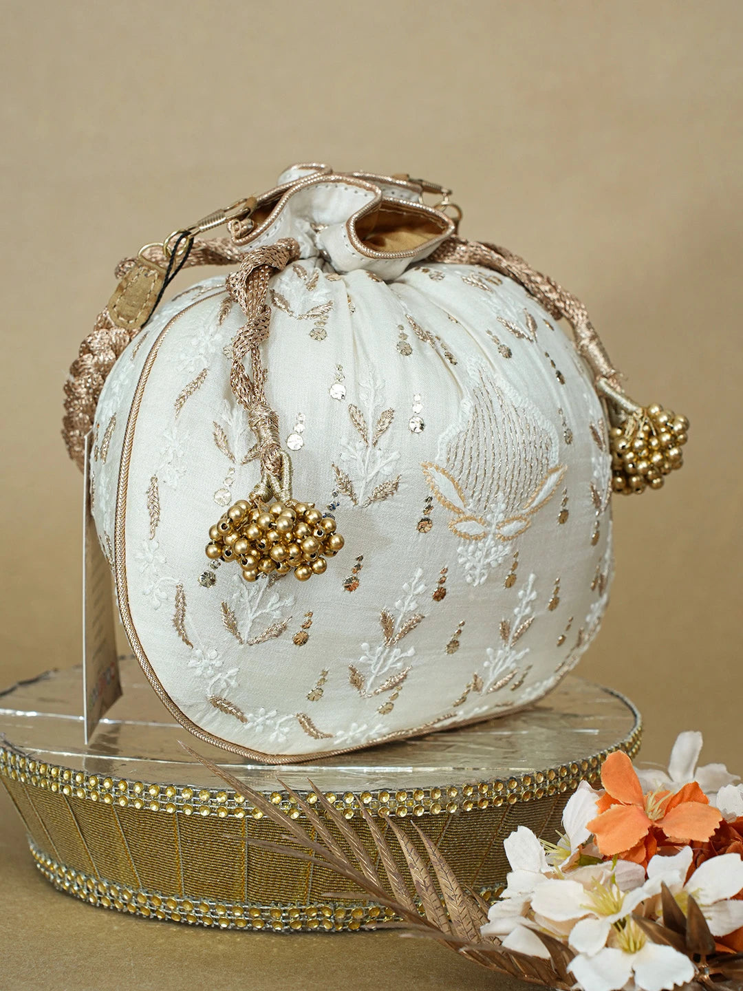 Ada Hand Embroidered White Eggshell Silk Lucknowi Chikankari Potli Bag With Zari Work 01A663922